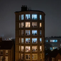Spying into the windows of a small tower block from outside , observing the private lives of the human inhabitants, volumetric lighting shines through the misty nighttime sky , full colour