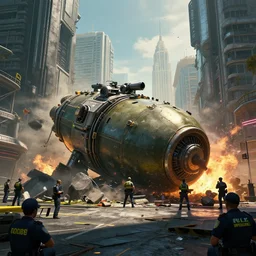 cyberpunk style city, a bomb hit the the city, many police around, 8 k, cg, sunlight, cinematic, highly detailed, ultra detailed, trending on artstation, unreal engine, zbrush