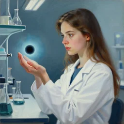 an oil portrait painting of a beautiful young female scientist in a laboratory looking at a small glowing black hole in her hand, by anna maystrenko, elegant, sharp focus, morandi color scheme, illustration, high quality, highly detailed, long hair, digital art, science fiction art style, art station