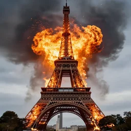 the eiffel tower on fire and exploding, still
