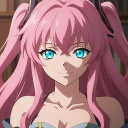 stunningly beautiful omnipotent megalomaniacal anime goddess who looks like junko enoshima with porcelain skin, pink twintail hair and mesmerizing cyan eyes, symmetrical perfect face smiling in a twisted, mischievous, devious and haughty way while looking down upon the viewer and taking control, mid view, hyperdetailed, 2 d, 8 k