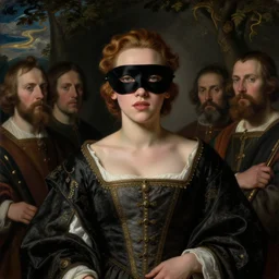 very young scarlet johansson in japanese costume, masked, in painting by jan van eyck, tom bagshaw, jean delville, william bouguereau, albrecht durer, symbolist painting, mysterious mood