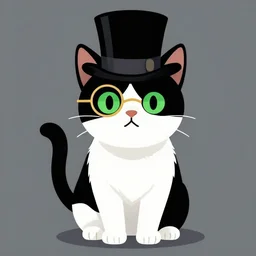 a black and white cat wearing a top hat, vector art by hanns katz, golden monocle on right eye | character portrait by puru, furry art, deviantart contest winner | concept art, flat shading, smokey background!! | anthropomorphic!! cat with black left ear and black right paws, bright green eyes ( full body shot )