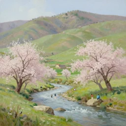 A beautiful landscape oil painting of a hill with trees, some people are getting a shower in the river and some others are under the trees, the spring has arrived and the trees are blooming and covered with yellow, pink, purple and red flowers, the river come from the waterfall and is zigzagging and flowing its way, the river has lots of dark grey rocks, by Greg Rutkowski