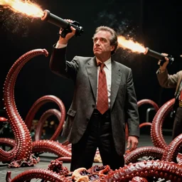 rudy giuliani in the thing ( 1 9 8 2 ) directed by john carpenter, alien red tentacles, flesh chunks, flamethrower, cinestill 8 0 0 t, 1 9 8 0 s movie still, film grain