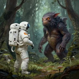 an astronaut comes a across a strange creature in a forest, a detailed matte painting by frieke janssens, featured on cgsociety, fantasy art, matte painting, reimagined by industrial light and magic, matte drawing