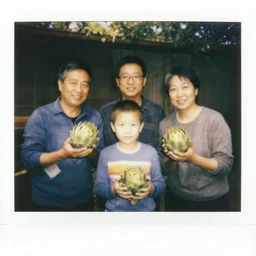 polaroid familly picture of people holding artichokes