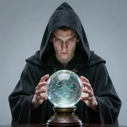 wizard in a hooded cloak gazing into a crystal ball, high details, intricately detailed, by vincent di fate, artgerm julie bell beeple, inking, screen print