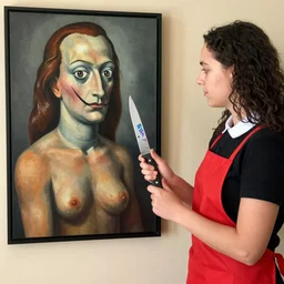 the waitress said no, and i showed her a knife, painted by botero and salvador dali, detailed image
