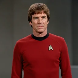 Aragorn as Scotty on Star Trek: The Original Series, red shirt, no crop, face visible, sharp focus, high quality, very realistic, 4k