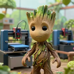 groot with sad face at a 3 d printers farm, sharp focus,