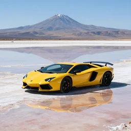photo of the salt plains of bolivia with a lamborghini, water, reflections, sunny day