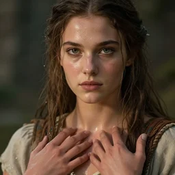 epic masterpiece young emanuelle beart as peasant, sweaty skin, hyperrealistic, octane render, cinematic, beautiful face and flawless skin, perfect hands, 5 fingers, by edgar maxence and ross tran and michael whelan, legends of runeterra