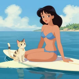 a woman in a bikini sitting on a surfboard with a cat, a digital painting by hanna - barbera, cgsociety, figurative art, ilya kuvshinov, anime, artstation hd