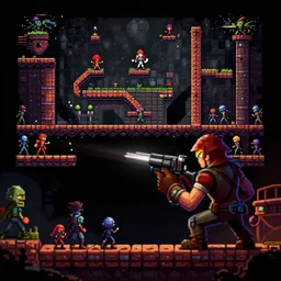 johnny b good gameplay still frame, pixel art, platformer, metroidvania, retro, splash screen, level design, high contrast, background, deep focus, highly detailed, dramatic lighting, digital painting, artstation, concept art, matte, greg rutkowski, moebius, illustration.