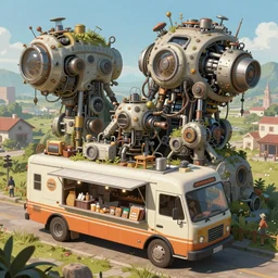 an intricate concept art, illustration, fantasy micro - world inside a coffee truck, no people, large mechanical biomes, ultra photorealistic, ultra sharp, pinterest, artstation, cgsociety, pinterest, digital art, anime colors, style by ivan talavera, by wlop, hyperrealistic, octane render, 8 k