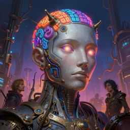 an epic colorful illustration of consciousness emerging in a large language 1's and 2's model ai humanoid head. glowing eyes, in the style of greg rutkowski and drew struzan and algernon blackwood, realistic digital painting, brutalist futuristic, steampunk lighting