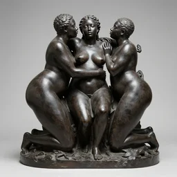 onyx sculpture of three beautiful sensual obese black people caressing each other in ecstasy, museum artifact