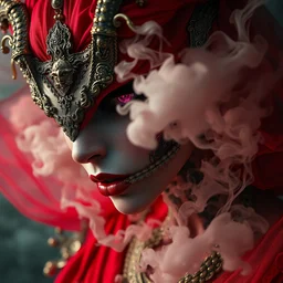 digital art of a necromancer monster gucci girl, by tom bagshaw and greg rutkowski, red fabric, fiber amethyst weaving into strands of smoke and brass and iron metal filigree joining into carbon fiber strands, fractal shapes, white explosions, dramatic lighting, ultra detail, close up, dof, smooth render, cinematic, octane render, art nouveau