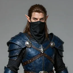 Male Wood Elf Rogue, dnd, d&d, dark blue leather armor, black bandana mask, Chest Guard, Brown Hair, green eyes, visible face, pretty face features, high fantasy, matte painting, by wlop