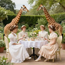elegant victorian tea party with giraffes in an english summer garden patio, hyper realistic henri rousseau - h 7 6 8
