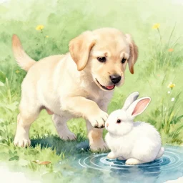fat puppy labrador playing with bunny watercolor