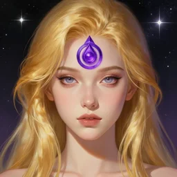 portrait of a beautiful golden haired girl with open purple third eye chakra, geometric third eye, attractive sci - fi face, space background, breathtaking stars, elegant, highly detailed, digital painting, artstation, concept art, smooth, sharp focus, illustration, anime asthetic, art by artgerm and greg rutkowski and alphonse mucha