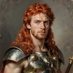 gladiator, long red hair, strong features, portrait, painting by alphonse muca, greg ruthowski, craig mullins, ruan jia, wlop, very beautiful and detailed, artstation, high quality