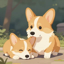a corgi comforting another sad corgi, digital art, artstation