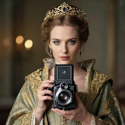 portrait photograph of a very beautiful Scandinavian queen with ornate cloak, bokeh, graflex camera, macro 20mm