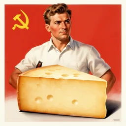 a soviet propaganda poster about cheese, the hero of the proletariat
