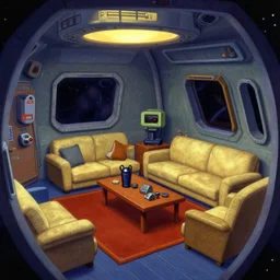 an officer's living quarters onboard a spaceship, from a space themed lucasarts point and click 2 d graphic adventure game, art inspired by thomas kinkade