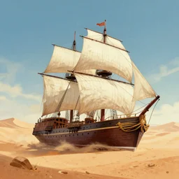 clipper ship sailing through a sand desert, illustration, fantasy novel cover art