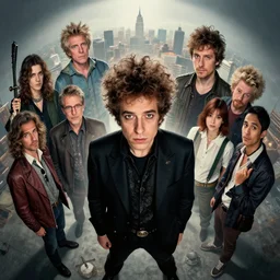 thimothée chamalet as bob dylan, Moebius, Greg Rutkowski, Zabrocki, Karlkka, Jayison Devadas, Phuoc Quan, trending on Artstation, 8K, ultra wide angle, zenith view, pincushion lens effect