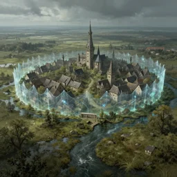 a downtrodden medieval town by a river in a swamp surrounded by a magical transparent barrier, 4k, by Greg Rutkowski, fantasy, mix of celtic and Rus architecture, wide landscape shot, cinematic