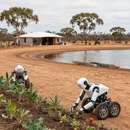robots harvesting a permaculture food forest in the australian desert, near an earthship village, next to a billabong, with crocodiles, XF IQ4, 150MP, 50mm, F1.4, ISO 200, 1/160s, natural light