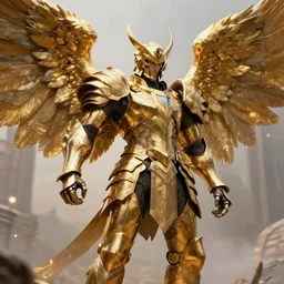 warrior wearing golden armor with giant wings, ultra detailed, 8k, by Tomasz Alen Kopera and Tony Sart