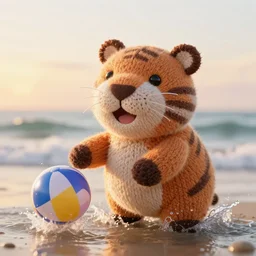a closeup photorealistic photograph of a cute smiling knitted tiger hippopotamus splashing after beachballs during sunset. surf in background. professional capture. this 4 k hd image is trending on artstation, featured on behance, well - rendered, extra crisp, features intricate detail, epic composition and the style of unreal engine.