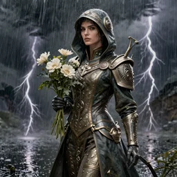 female plague doctor holding flowers, heavy rain, wind, thunder, reflections, deep focus, d & d, fantasy, intricate, elegant, highly detailed, digital painting, artstation, concept art, matte, sharp focus, illustration, hearthstone, art by artgerm and greg rutkowski and alphonse mucha