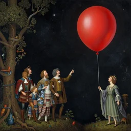 beguiling epic stunning beautiful insanely detailed matte painting of a red balloon traveling through space designed by heironymous bosch, by cyril rolando and asher durand and natalie shau, whimsical, intricate