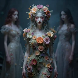 a beautiful terrifying girl made of flowers. ethereal horror fantasy art by greg rutkowski and magali villanueve and monet, concept art, smooth, cinematic lighting, 8 k resolution