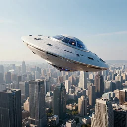 a buchla synth inspired ufo space ship orbiting the city. skycraper view