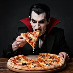 A vampire eating a delicious pizza, studio portrait, dramatic lighting, trending on artstation