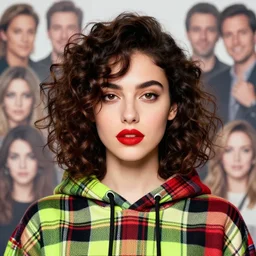 highly detailed portrait of a beautiful woman with scarlet lips, tartan hoody, photographic realistic background, ringlet hair by atey ghailan, by greg rutkowski, by greg tocchini, by james gilleard, by joe fenton, by kaethe butcher, gradient red, black, neon green cream and white color scheme, trending in pinterest, award winning details