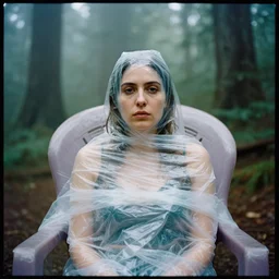 a color photograph, closeup portrait of a woman wrapped in plastic, sitting in a plastic throne, in a foggy redwood forest, color photograph, by vincent desiderio, canon eos c 3 0 0, ƒ 1. 8, 3 5 mm, 8 k, medium - format print