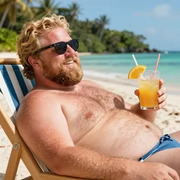 Slightly fat blond man with big beard, hairy chest and sunglasses wearing a bathing suit and lying on a beach chair, happy summer vacation in a tropical island. Drink in hand. Real life photography. Detailed.