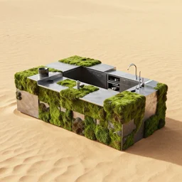 furniture island kitchen made of rectangle tetris, made of steel and moss, octane render, trending on artstation, on hard desert sand floor