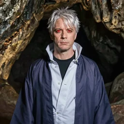 photograph of geert wilders with red eyes wearing akatsuki robe in a cave, dramatic lighting