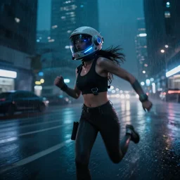 gopro pov of a woman wearing scifi helmet running motion blur, cyberpunk night, city, raining