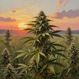 an amazing deep painting of a marijuana world, intricate detail, sunset, idyllic, serene, volumetric lighting, 8 k, photorealistic, digital art trending on artstation